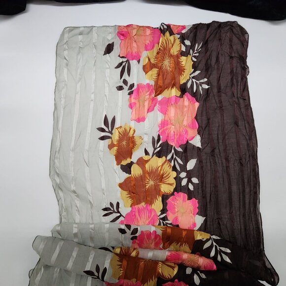 Accordion Pleated Rectangle Scarf Brown Gray Pink Floral Polyester 23"x60" B&K - Picture 6 of 8
